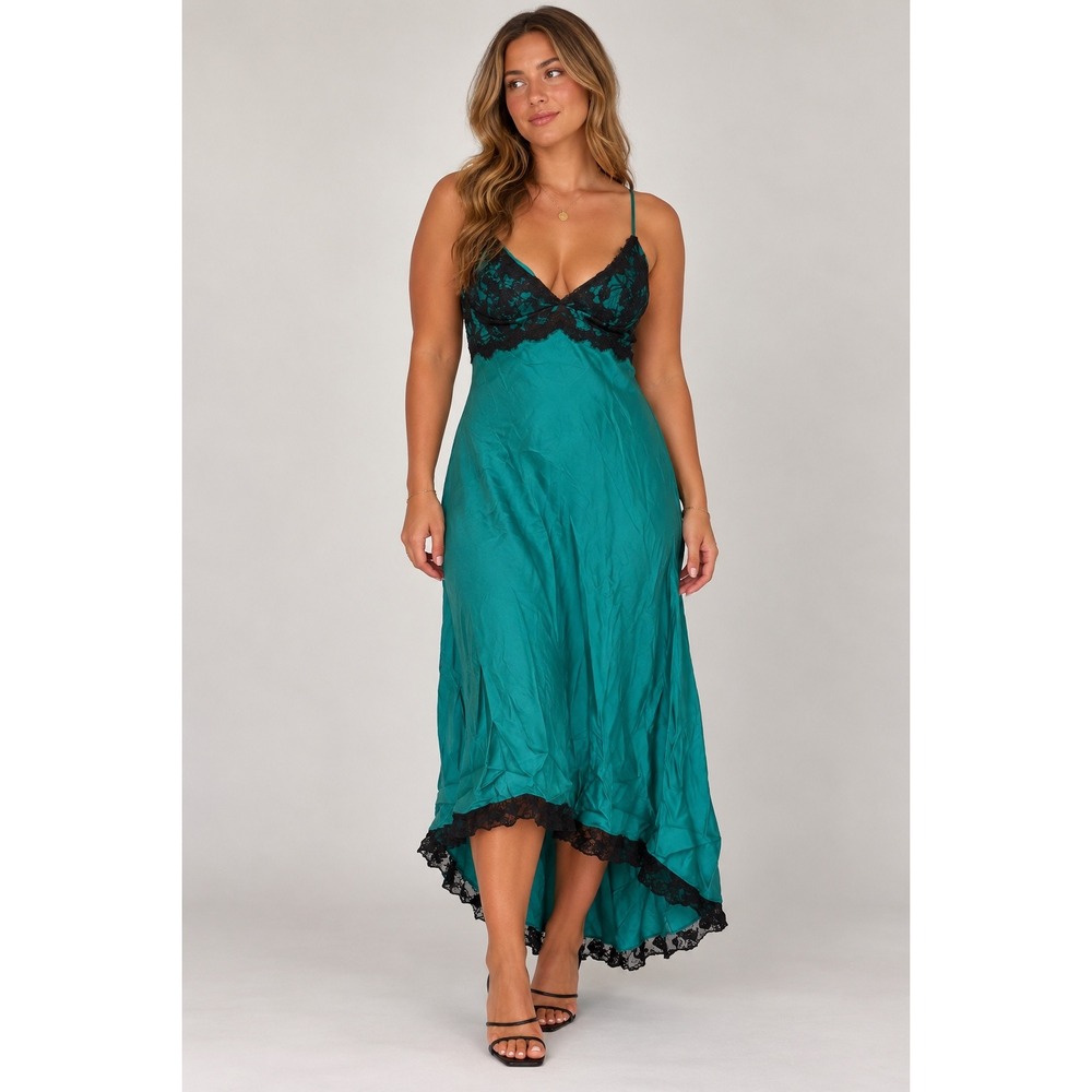 RARE Silk Babydoll Cache Teal Satin Lace Trim High Low Midi Dress V-Neck